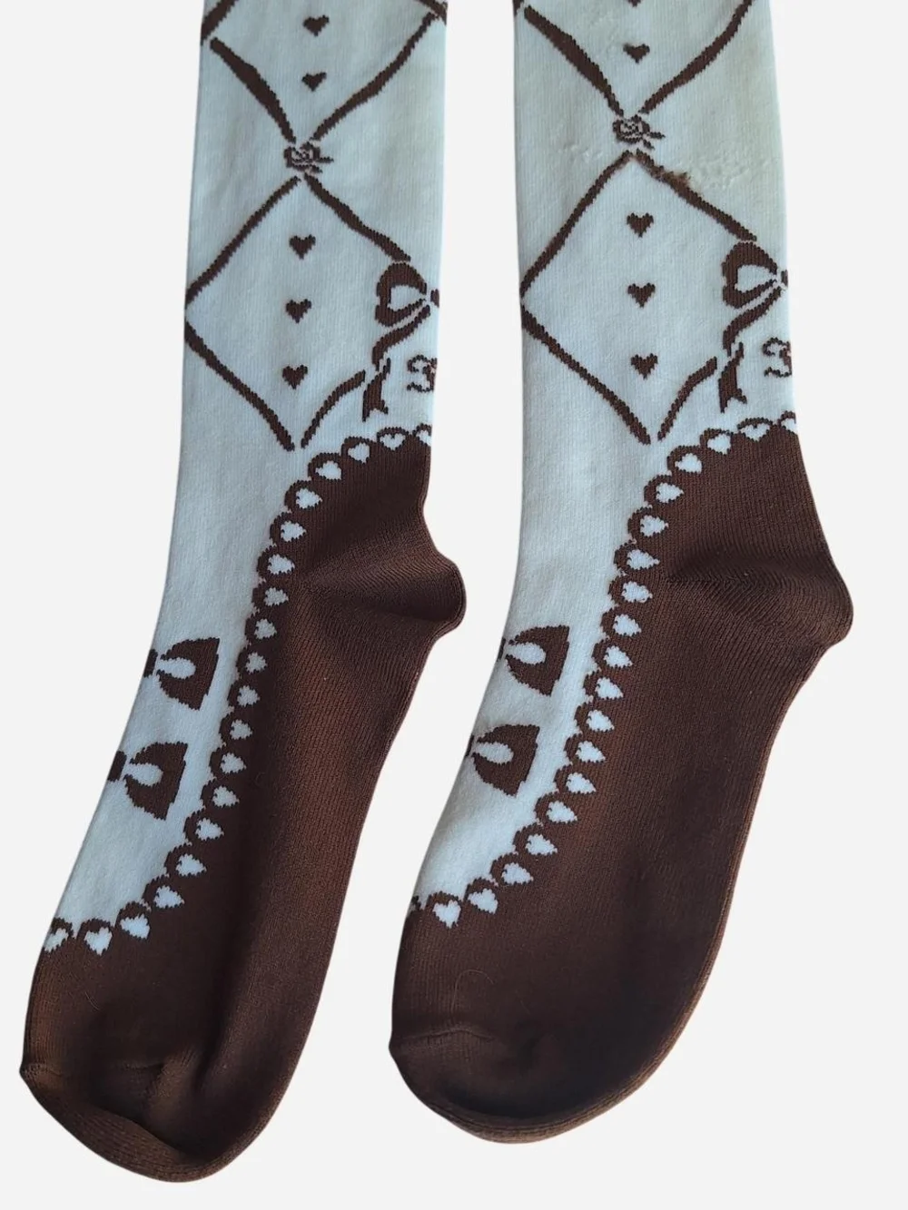 Innocent World Ivory Brown Ballet Ribbon Hearts OTK Socks | Classic Lolita